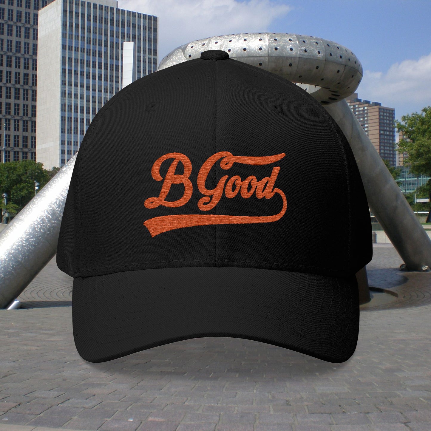 B. Good Fitted Embroidered Cap Orange Lettering