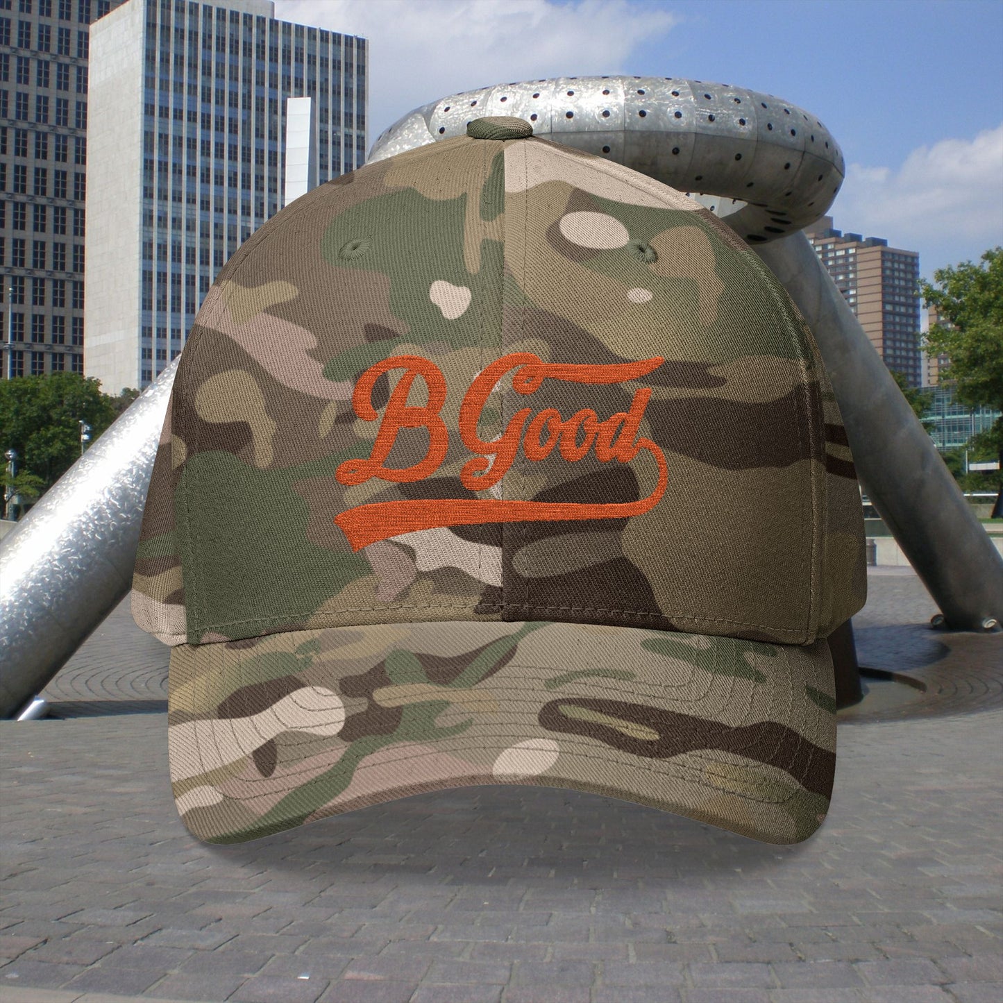 B. Good Fitted Embroidered Cap Orange Lettering