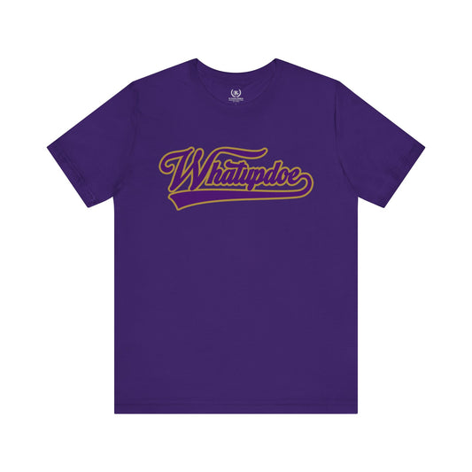 Whatupdoe Purple and Gold T-Shirt on Purple, White, Heather and Green