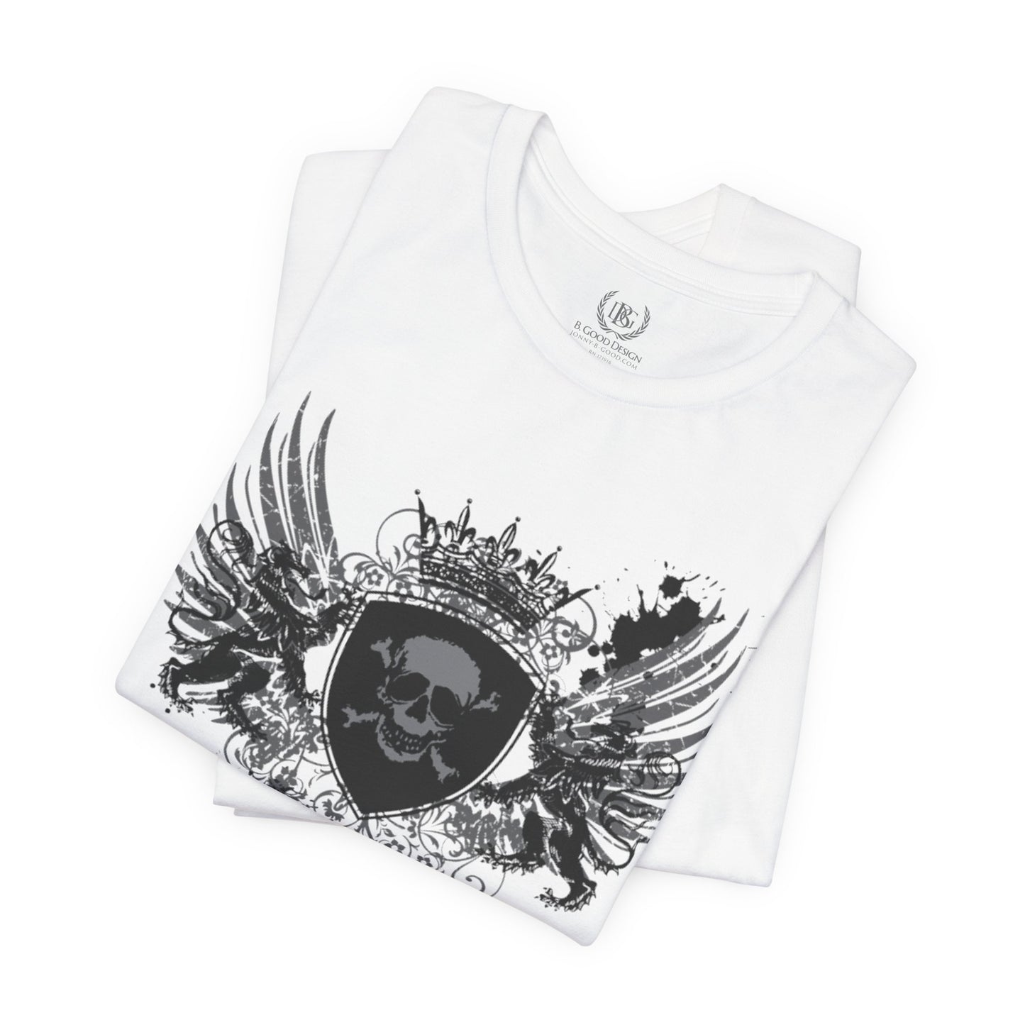 Men's B. Good Winged Skull Shield on White: Stay Out of Trouble