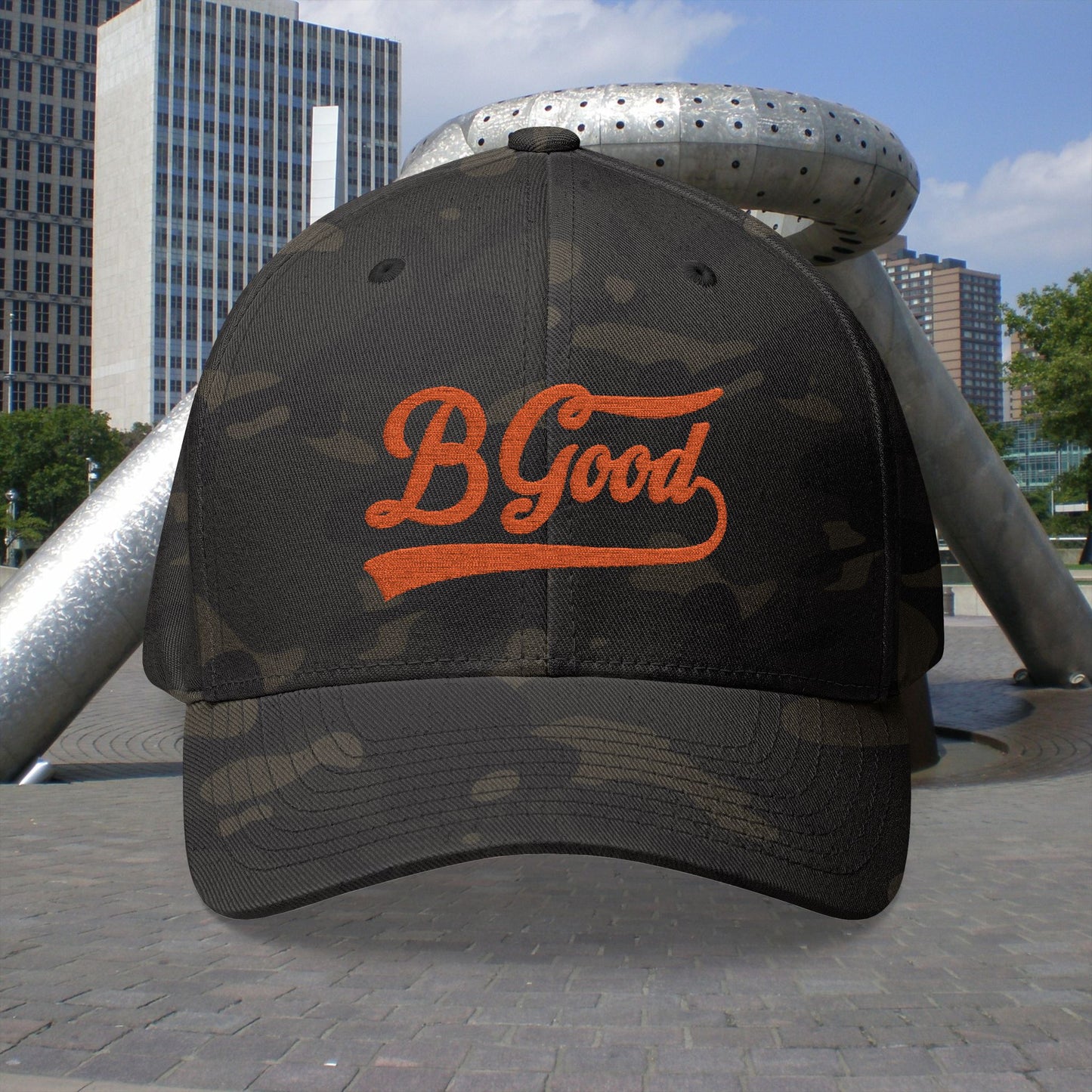 B. Good Fitted Embroidered Cap Orange Lettering