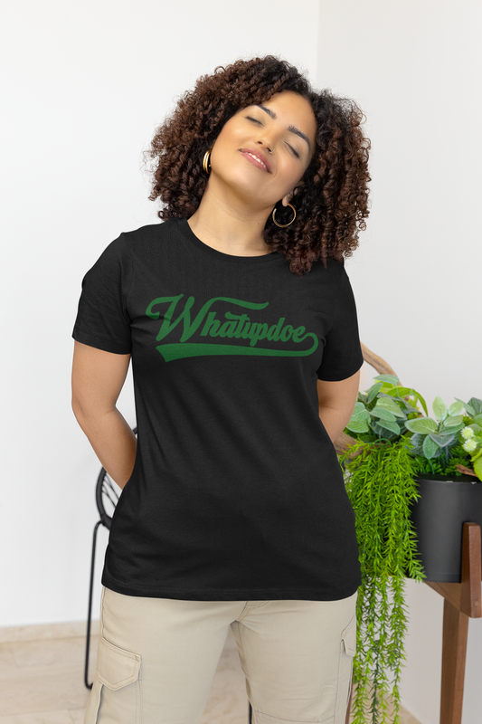 Women's Whatupdoe Green Lettering T-Shirt in Pink, Black, and White