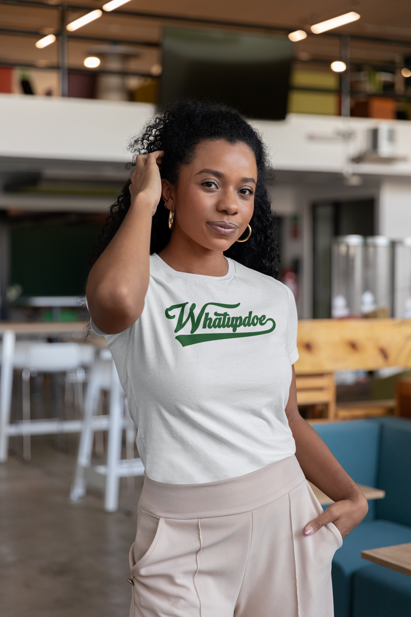 Women's Whatupdoe Green Lettering T-Shirt in Pink, Black, and White