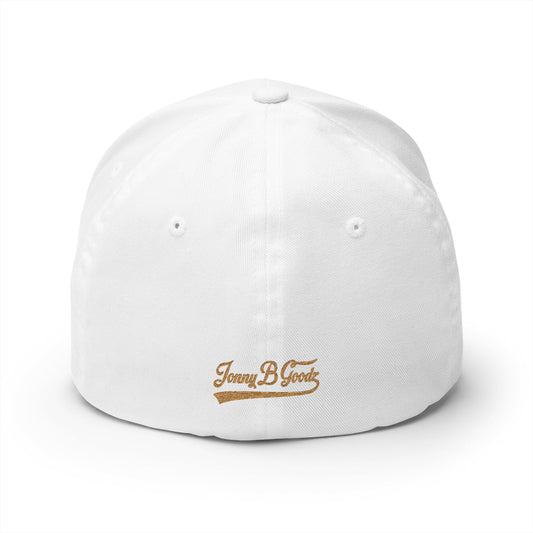 B. Good Script Embroidered Fitted Baseball Cap Gold Lettering