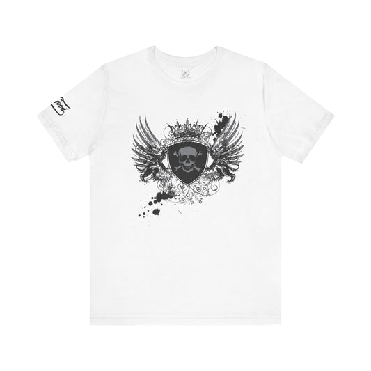 Men's B. Good Winged Skull Shield on White: Stay Out of Trouble