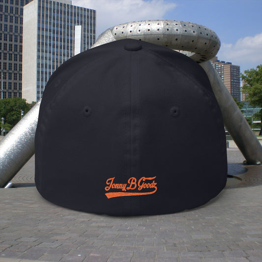 B. Good Script Embroidered Fitted Baseball Cap Orange Lettering