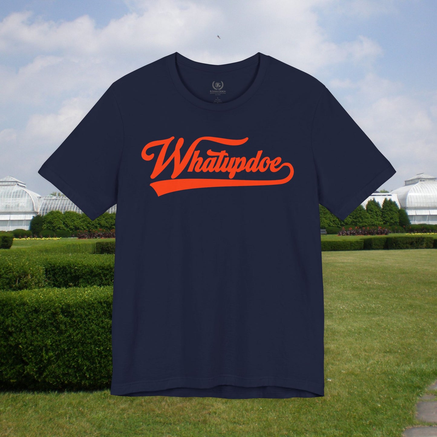 Men's Whatupdoe Orange Lettering T-Shirt in Navy and Black