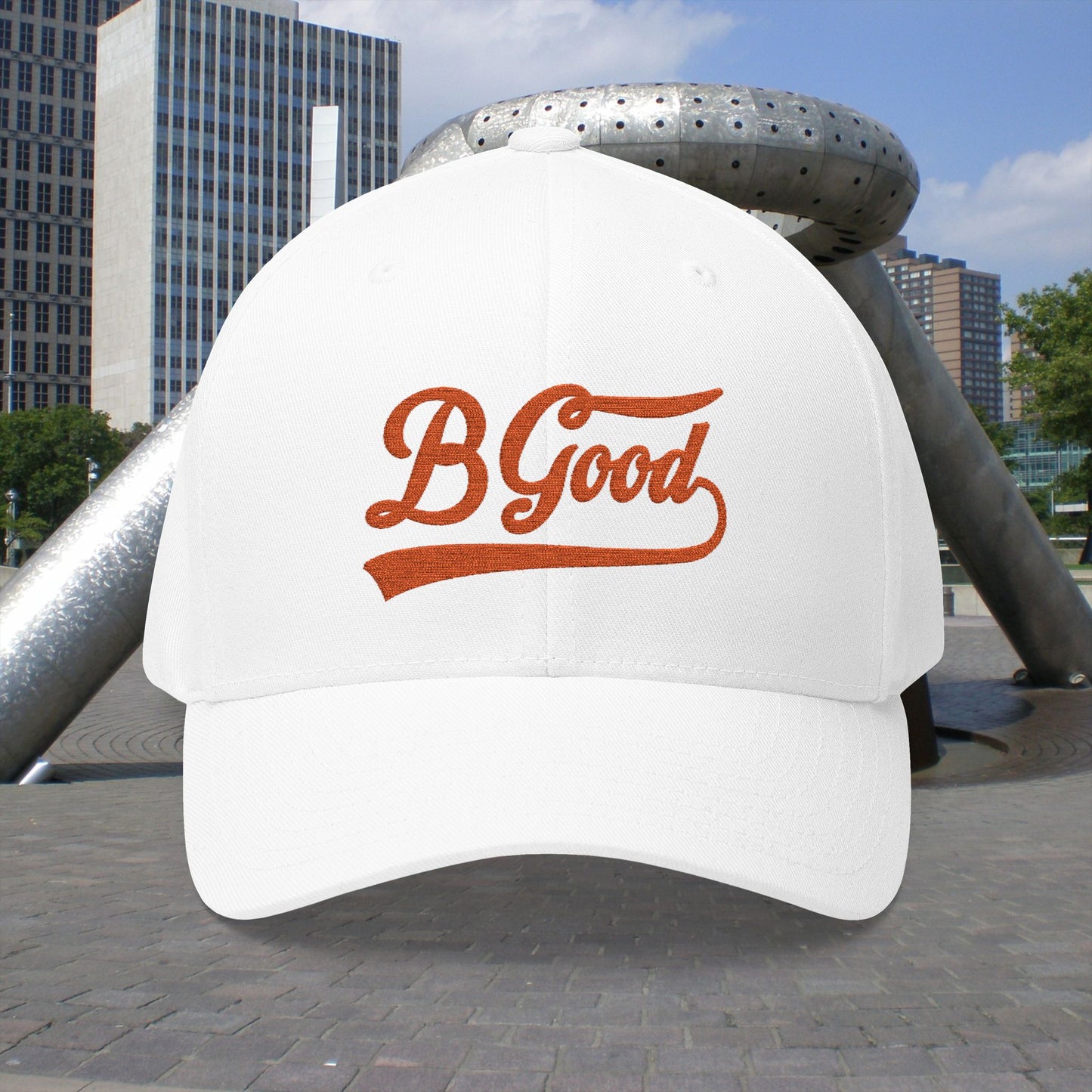 B. Good Fitted Embroidered Cap Orange Lettering
