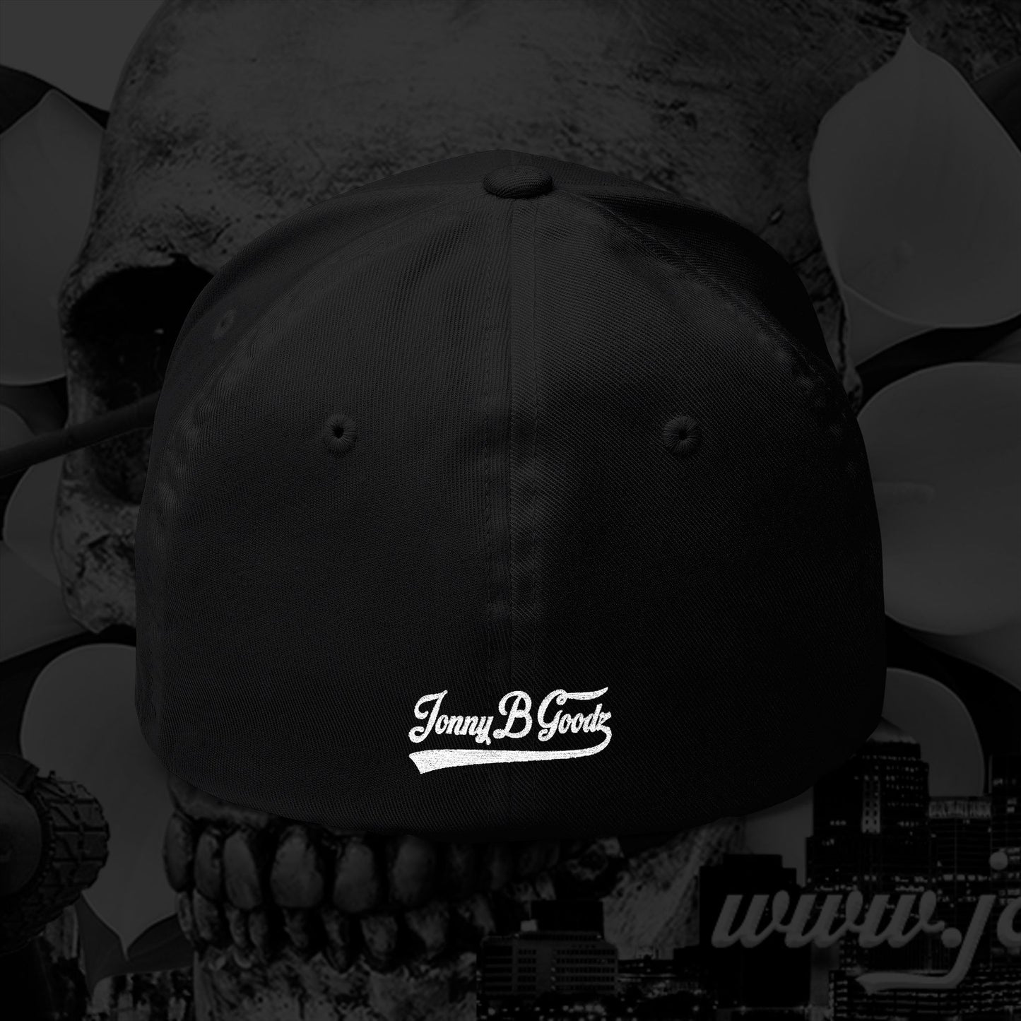 B Good Script Embroidered Fitted Baseball Cap White Lettering