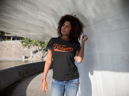 Women's Whatupdoe Orange Lettering T-Shirt in Navy, Black, and White