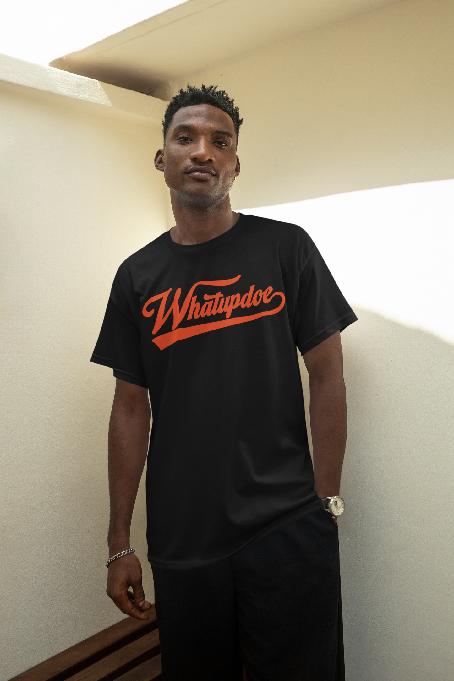 Men's Whatupdoe Orange Lettering T-Shirt in Navy and Black