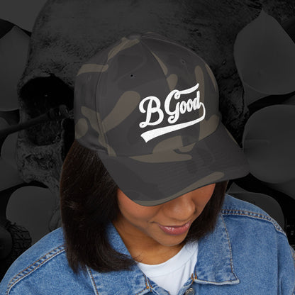 B Good Script  Embroidered Fitted Baseball Cap White Lettering