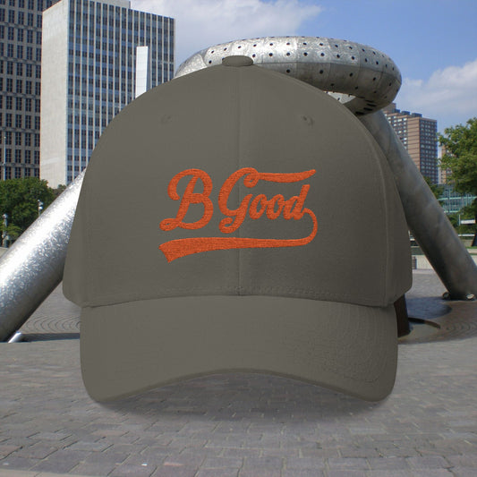 B. Good Fitted Embroidered Cap Orange Lettering