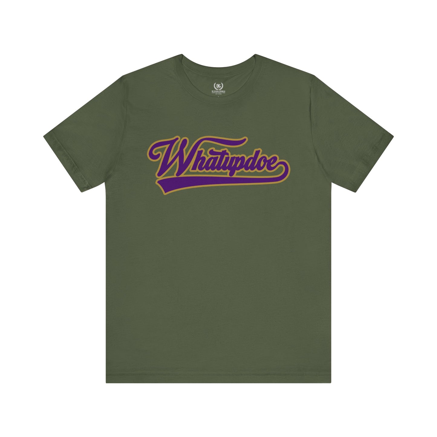 Whatupdoe Purple and Gold T-Shirt on Purple, White, Heather and Green