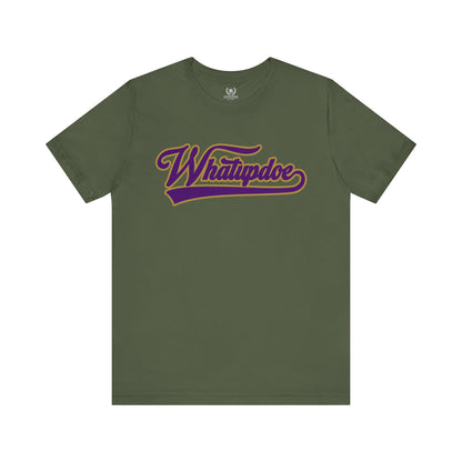 Whatupdoe Purple and Gold T-Shirt on Purple, White, Heather and Green