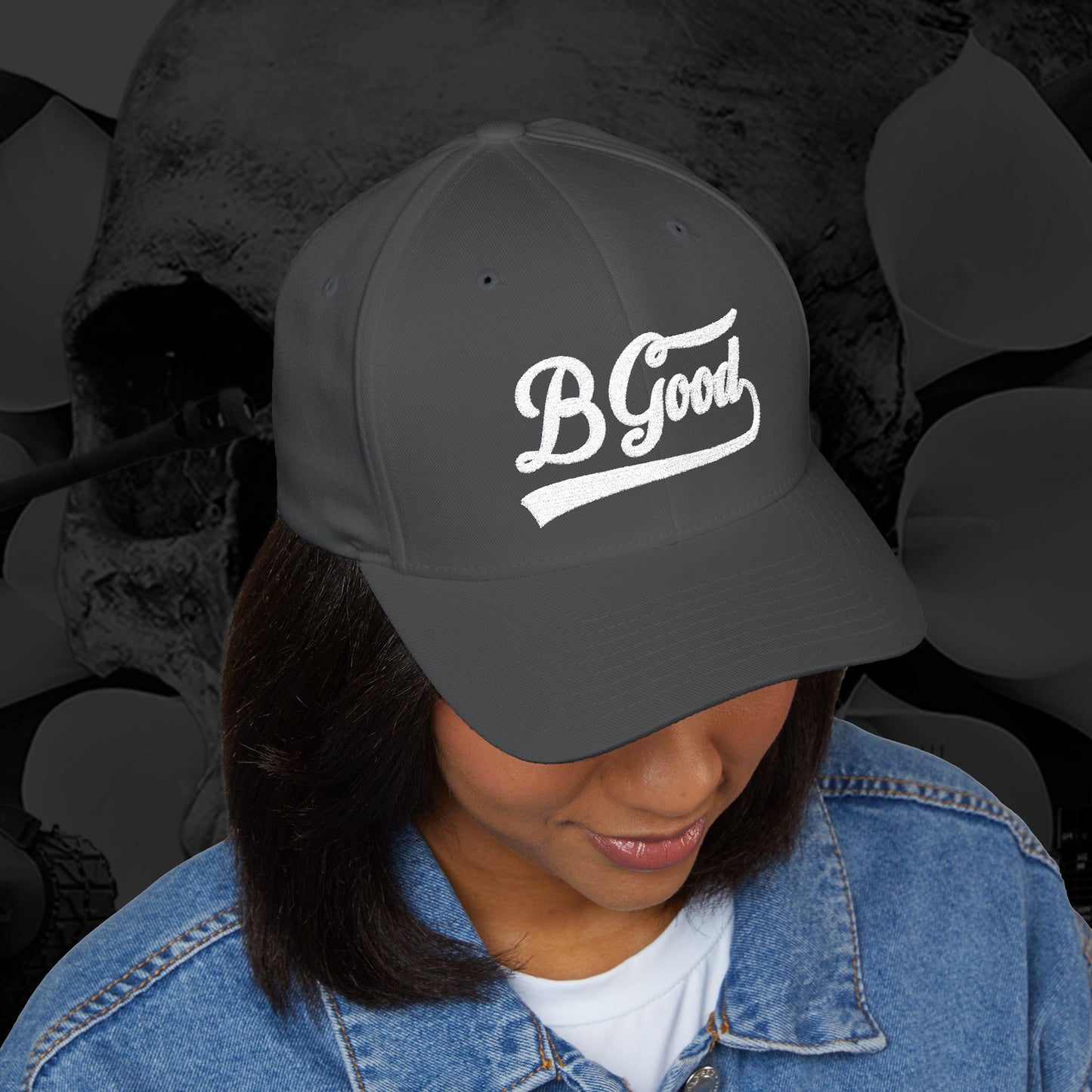 B Good Script  Embroidered Fitted Baseball Cap White Lettering