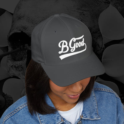 B Good Script  Embroidered Fitted Baseball Cap White Lettering