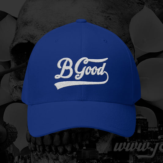 B Good Script  Embroidered Fitted Baseball Cap White Lettering