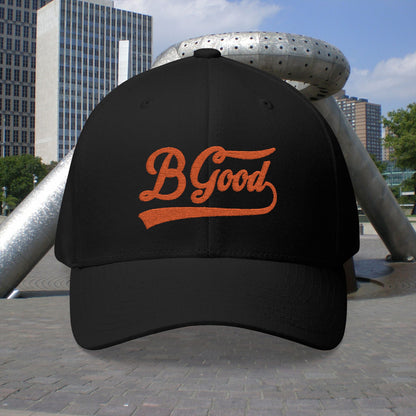 B. Good Fitted Embroidered Cap Orange Lettering