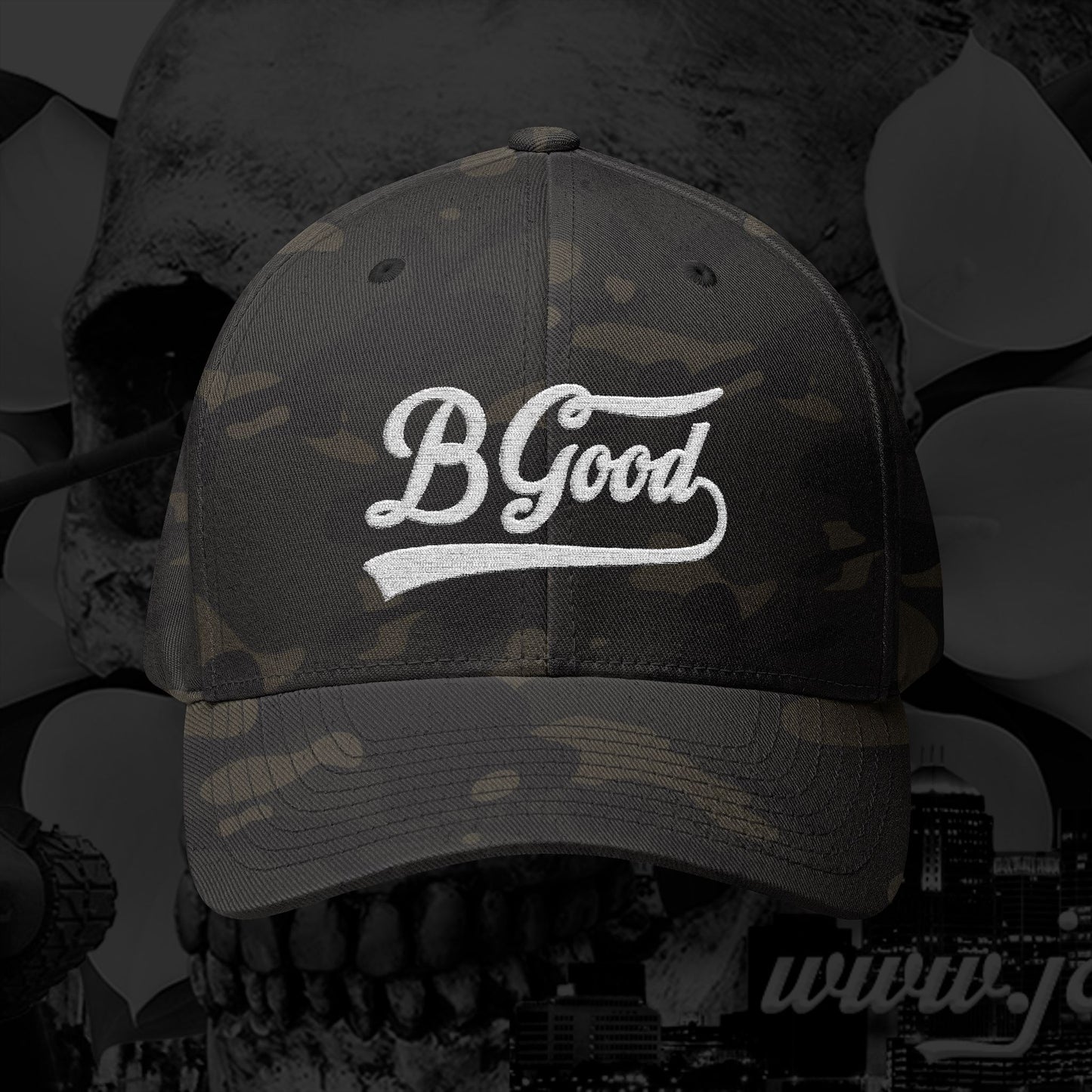 B Good Script  Embroidered Fitted Baseball Cap White Lettering