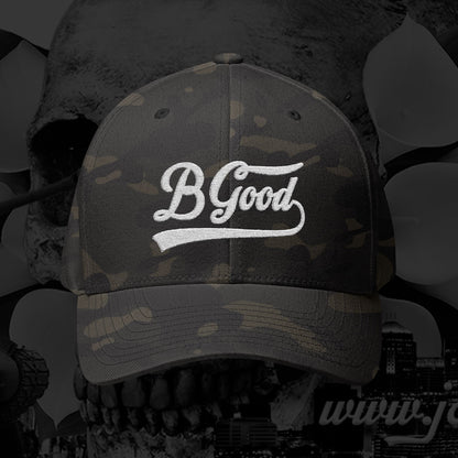 B Good Script  Embroidered Fitted Baseball Cap White Lettering