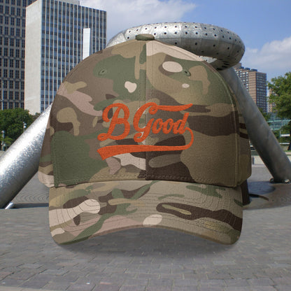 B. Good Fitted Embroidered Cap Orange Lettering