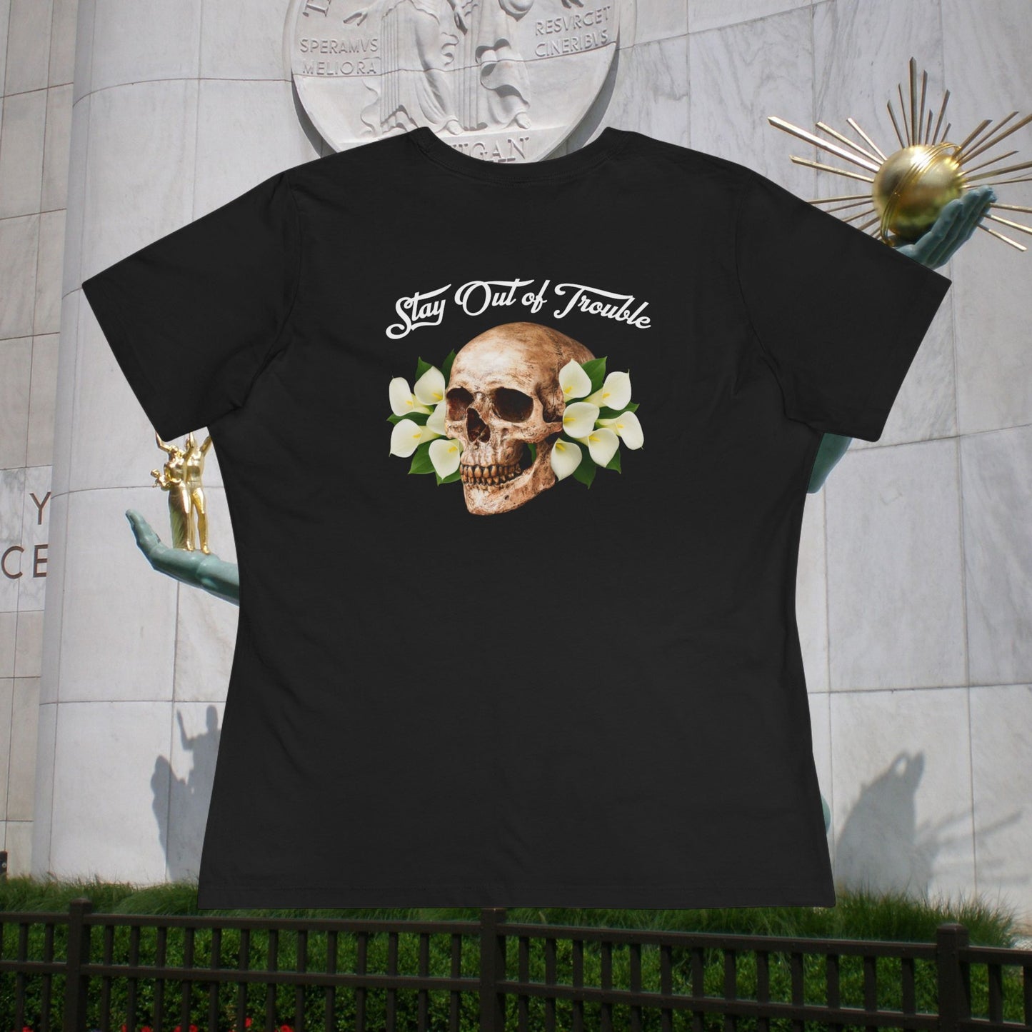 B Good Stay Out of Trouble Women's Edgy Graphic Tee with Skull Design