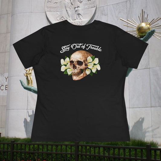 B Good Stay Out of Trouble Women's Edgy Graphic Tee with Skull Design