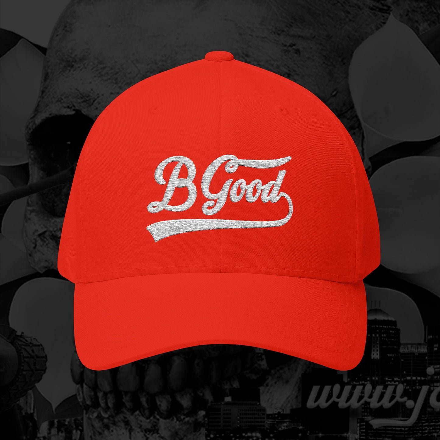 B Good Script  Embroidered Fitted Baseball Cap White Lettering