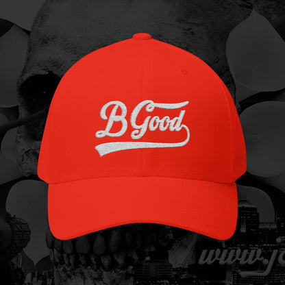 B Good Script  Embroidered Fitted Baseball Cap White Lettering