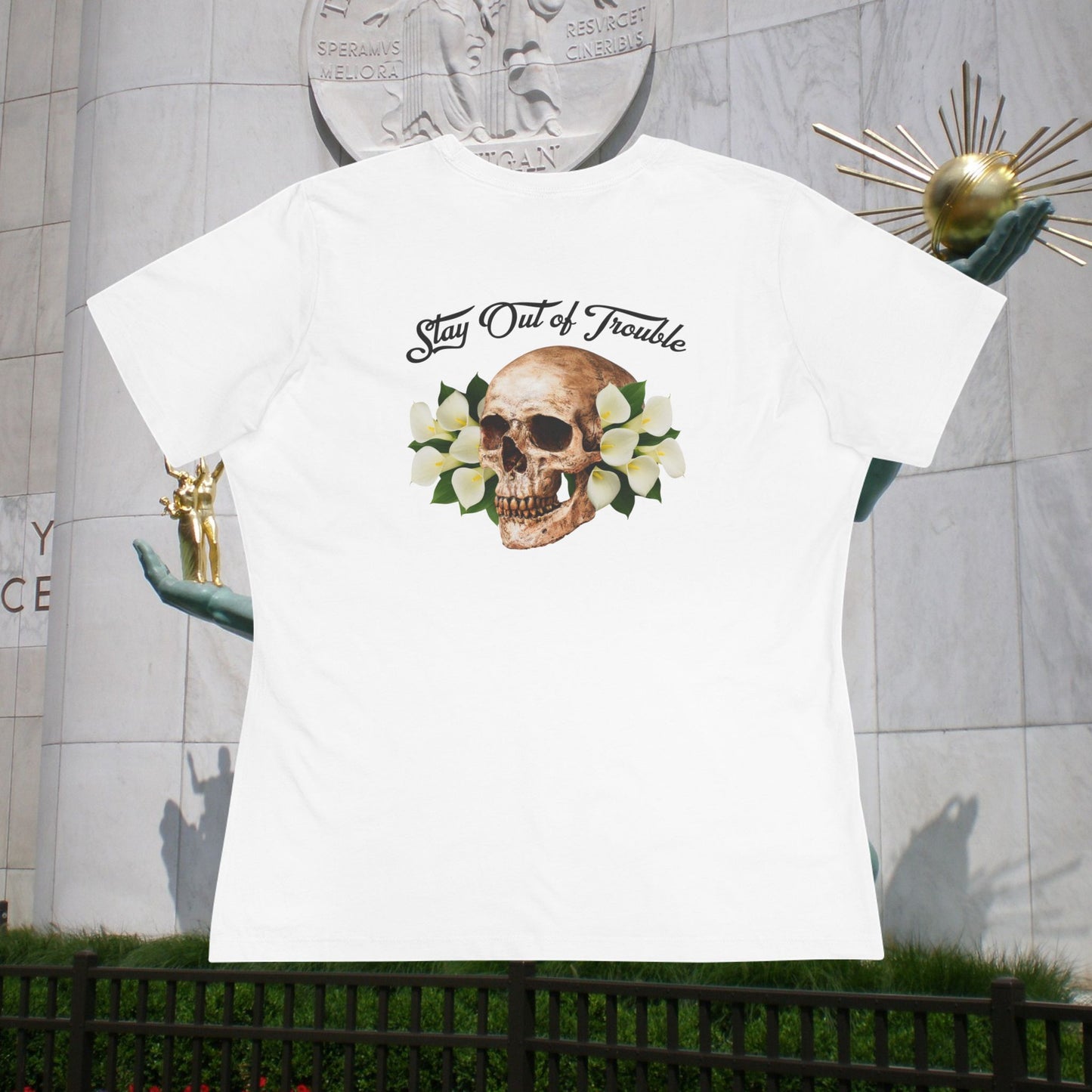B Good Stay Out of Trouble Women's Edgy Graphic Tee with Skull Design