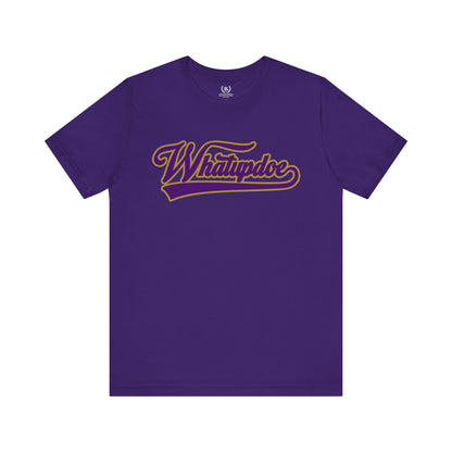Whatupdoe Purple and Gold T-Shirt on Purple, White, Heather and Green