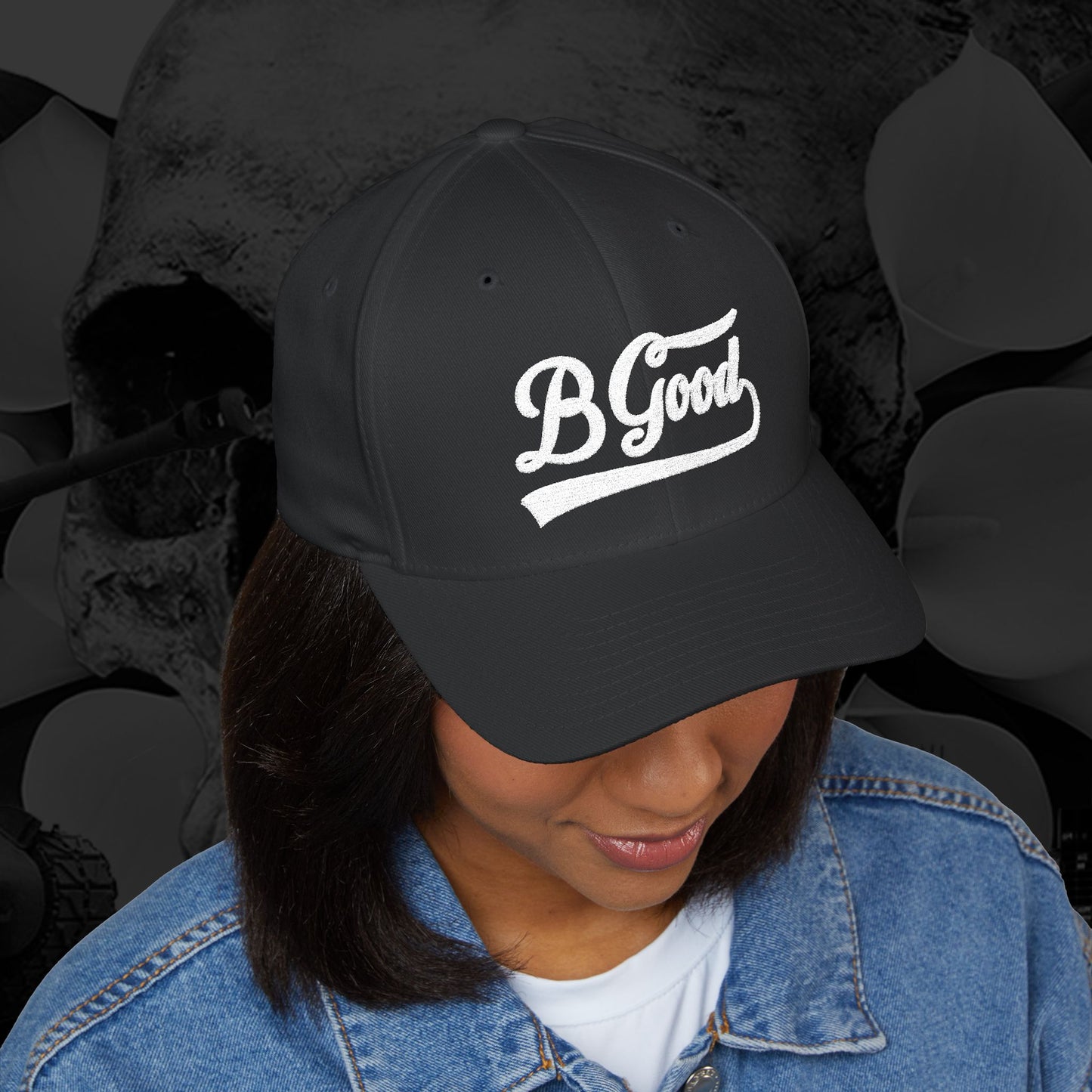 B Good Script  Embroidered Fitted Baseball Cap White Lettering