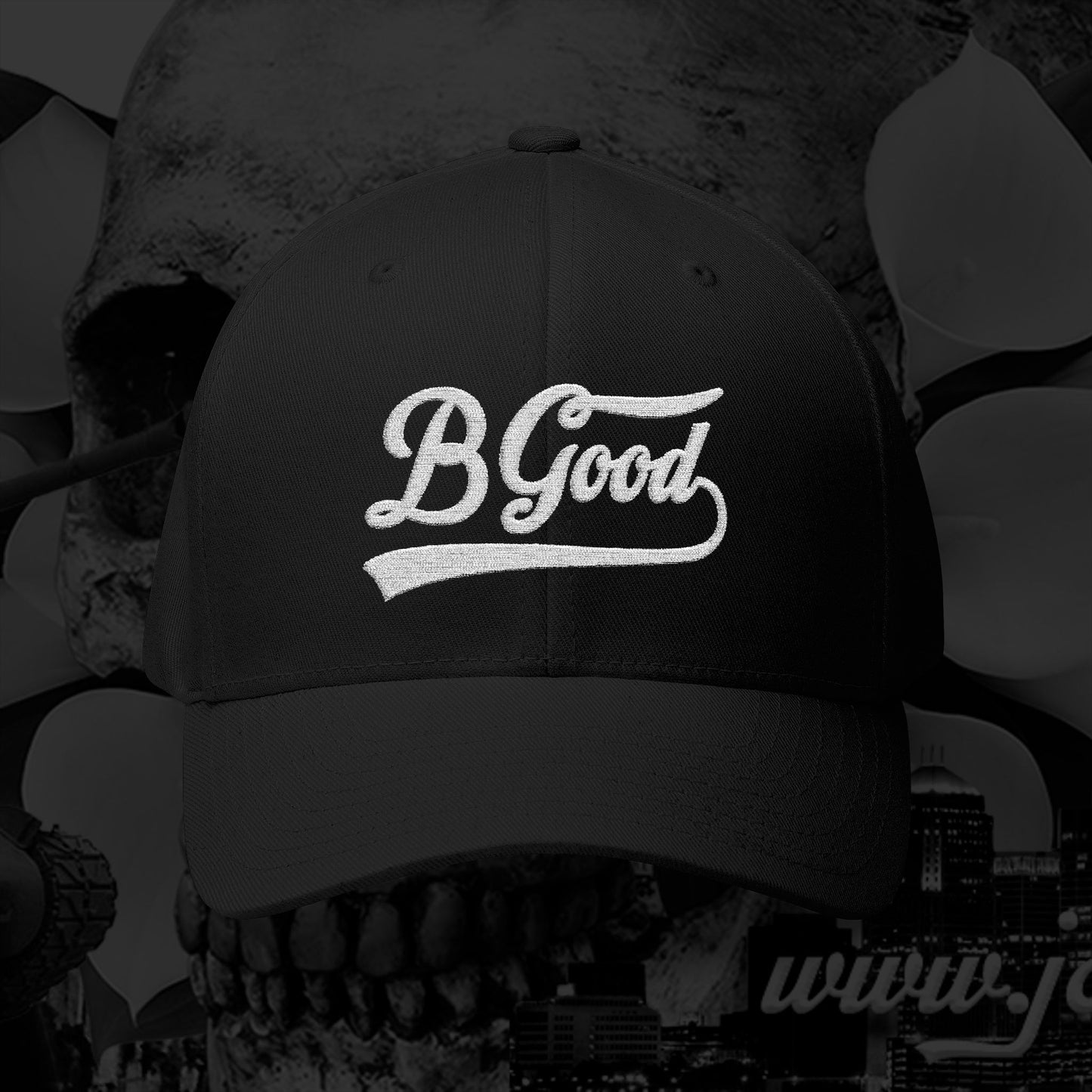 B Good Script  Embroidered Fitted Baseball Cap White Lettering