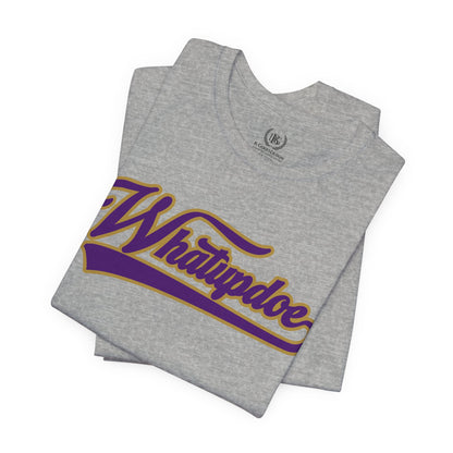 Whatupdoe Purple and Gold T-Shirt on Purple, White, Heather and Green