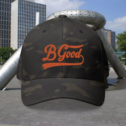 B. Good Fitted Embroidered Cap Orange Lettering