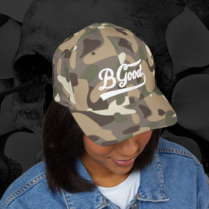B Good Script  Embroidered Fitted Baseball Cap White Lettering