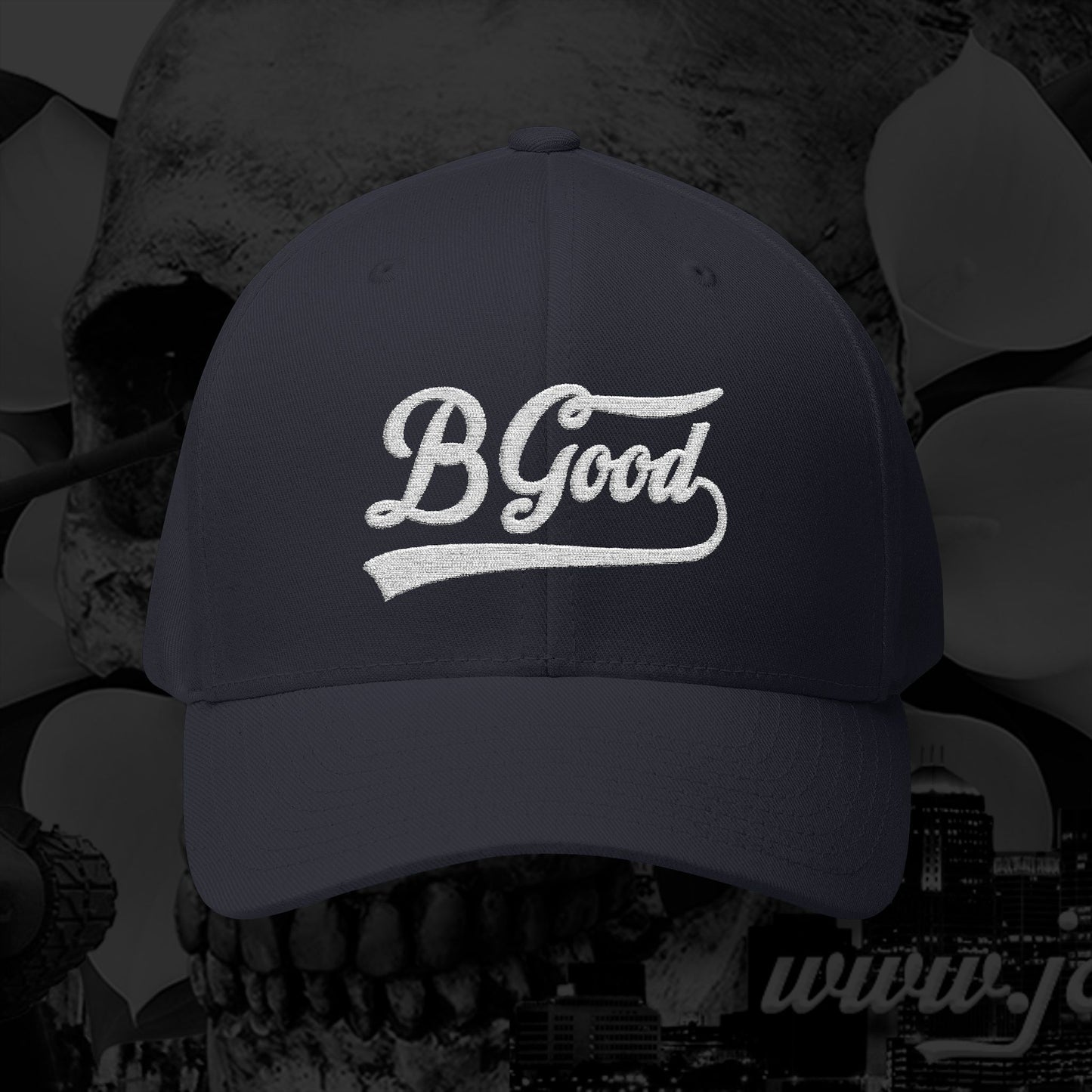 B Good Script  Embroidered Fitted Baseball Cap White Lettering