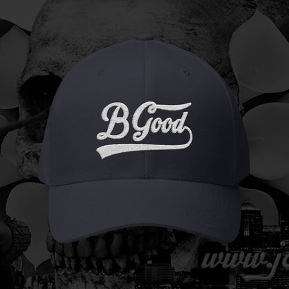 B Good Script  Embroidered Fitted Baseball Cap White Lettering