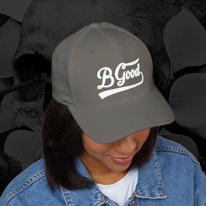 B Good Script  Embroidered Fitted Baseball Cap White Lettering