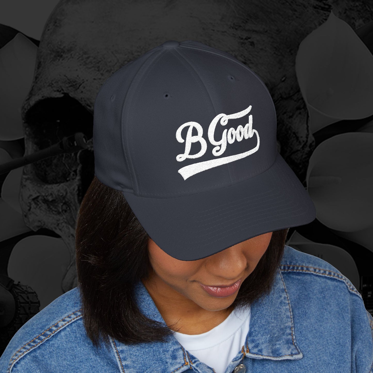 B Good Script  Embroidered Fitted Baseball Cap White Lettering