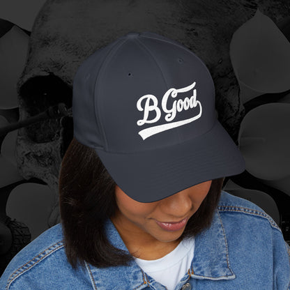 B Good Script  Embroidered Fitted Baseball Cap White Lettering