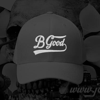 B Good Script  Embroidered Fitted Baseball Cap White Lettering