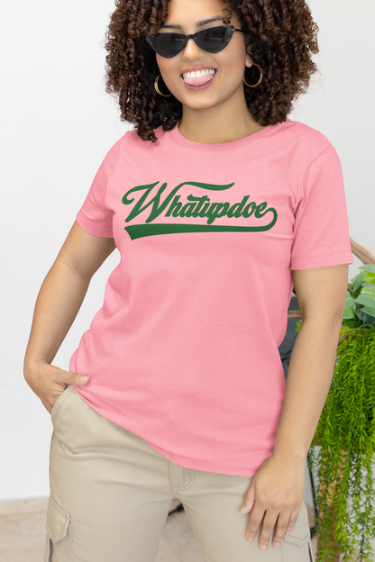 Women's Whatupdoe Green Lettering T-Shirt in Pink, Black, and White
