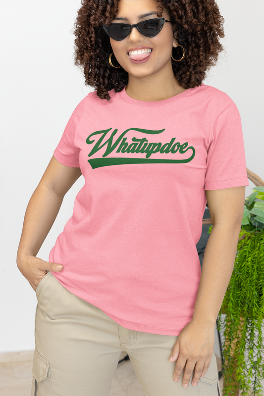 Women's Whatupdoe Green Lettering T-Shirt in Pink, Black, and White