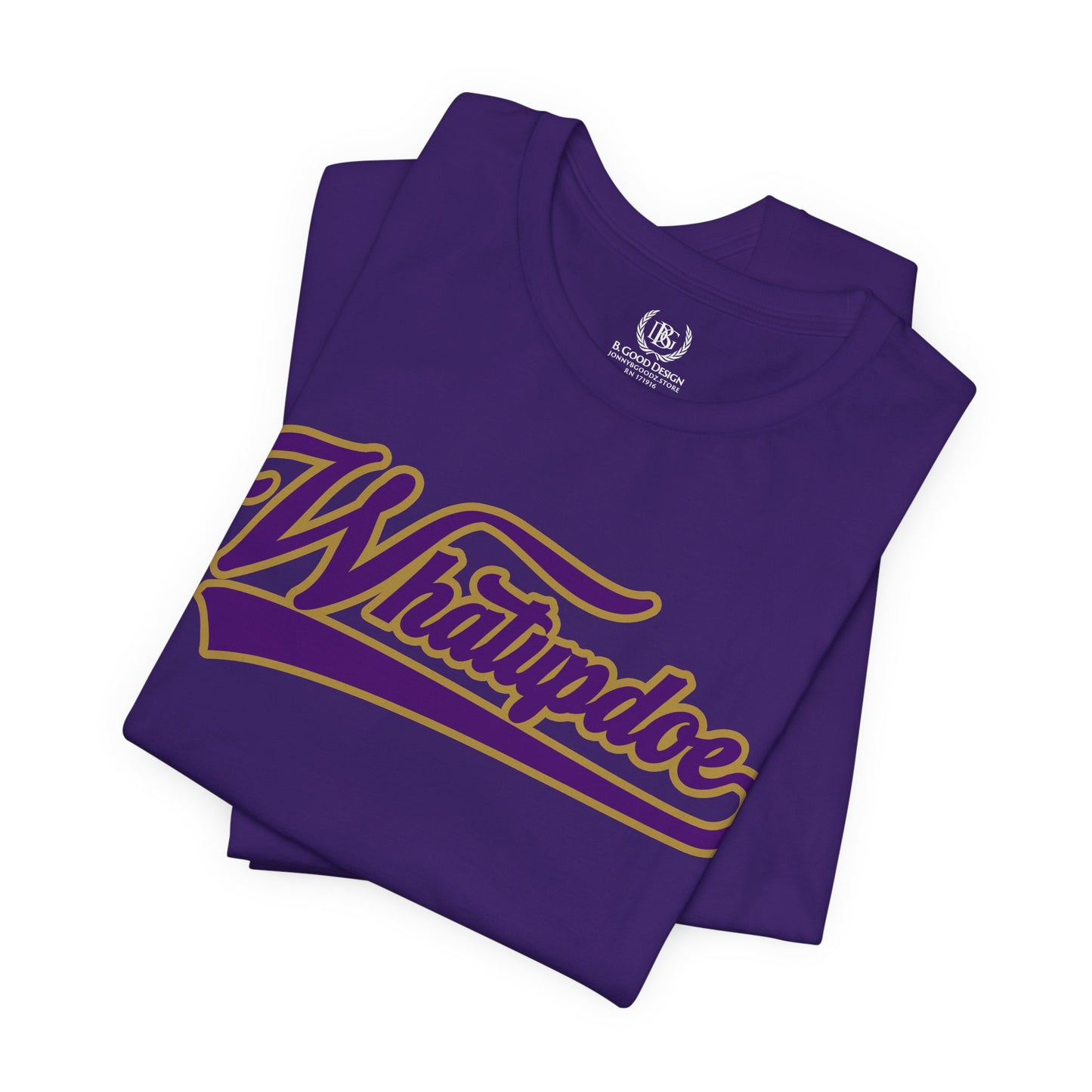 Whatupdoe Purple and Gold T-Shirt on Purple, White, Heather and Green