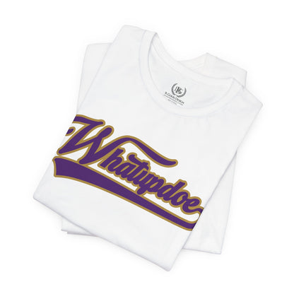 Whatupdoe Purple and Gold T-Shirt on Purple, White, Heather and Green