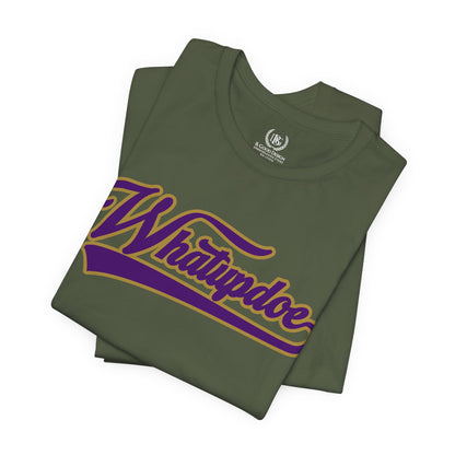Whatupdoe Purple and Gold T-Shirt on Purple, White, Heather and Green