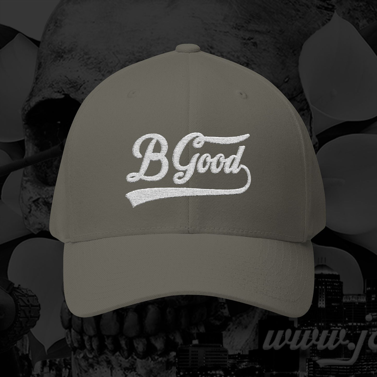 B Good Script  Embroidered Fitted Baseball Cap White Lettering