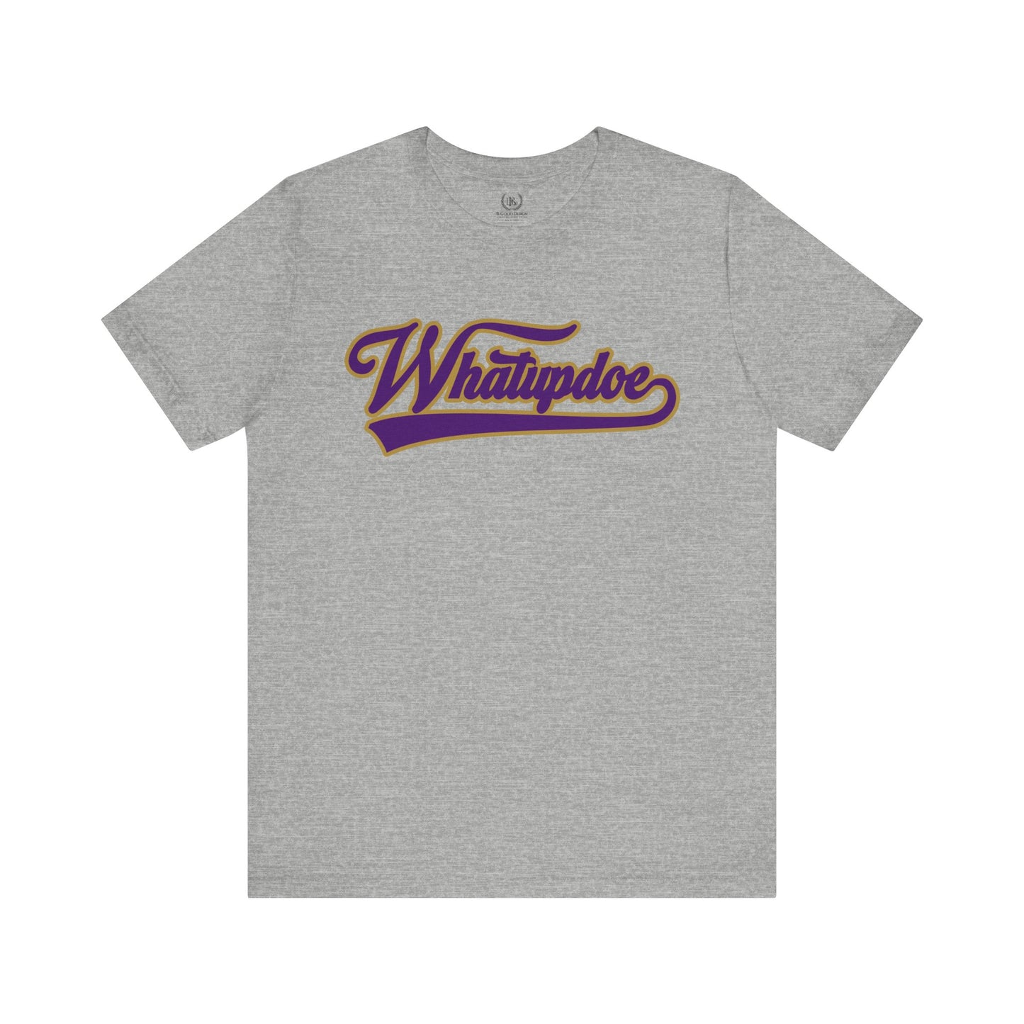 Whatupdoe Purple and Gold T-Shirt on Purple, White, Heather and Green